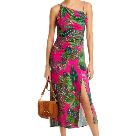 FARM RIO PINK/GREEN LEAVES ASYMMETRIC MIDI VISCOSE DRESS TROPICAL SIZE SMALL - Picture 1 of 15